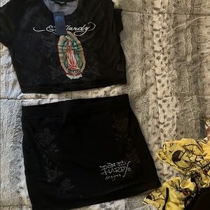 Ed Hardy Black Graphic Tee and Skirt Set
